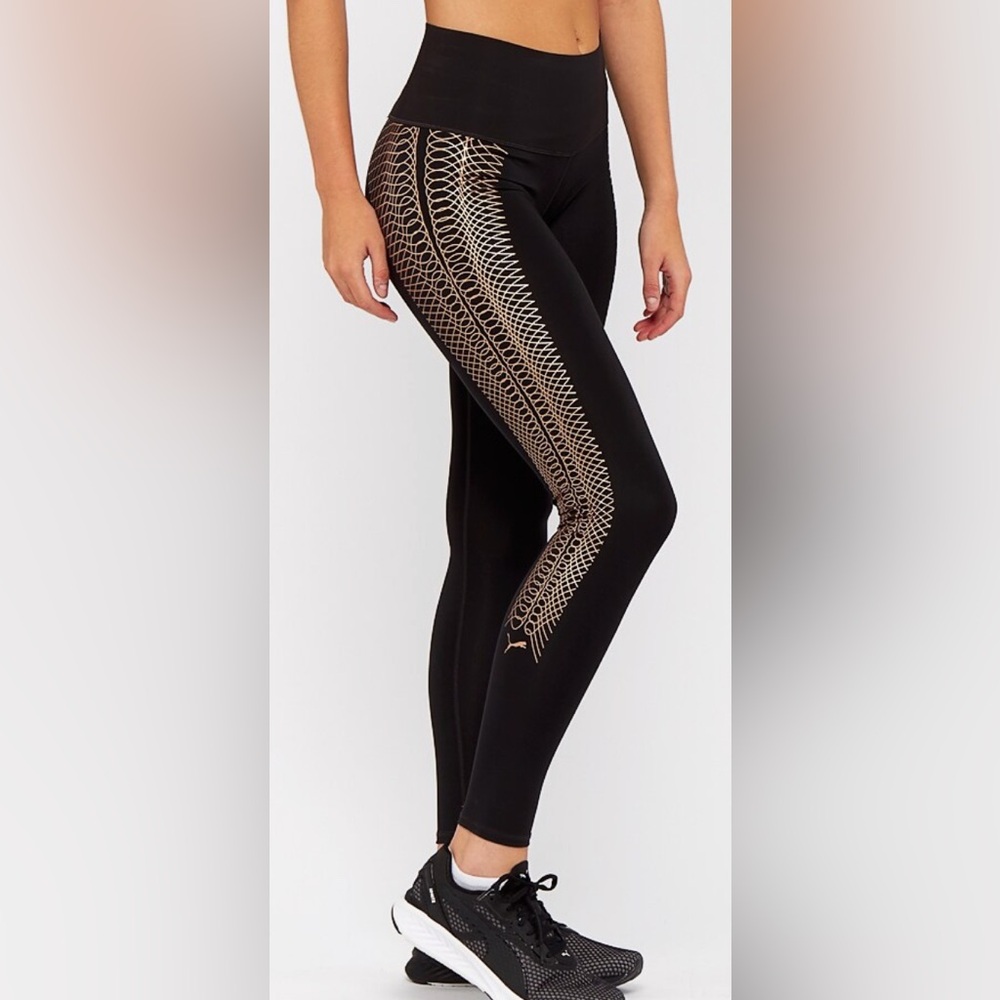 Puma Black Everyday Train Grip Leggings With Gold Intricate Side Detailing Sz XS
